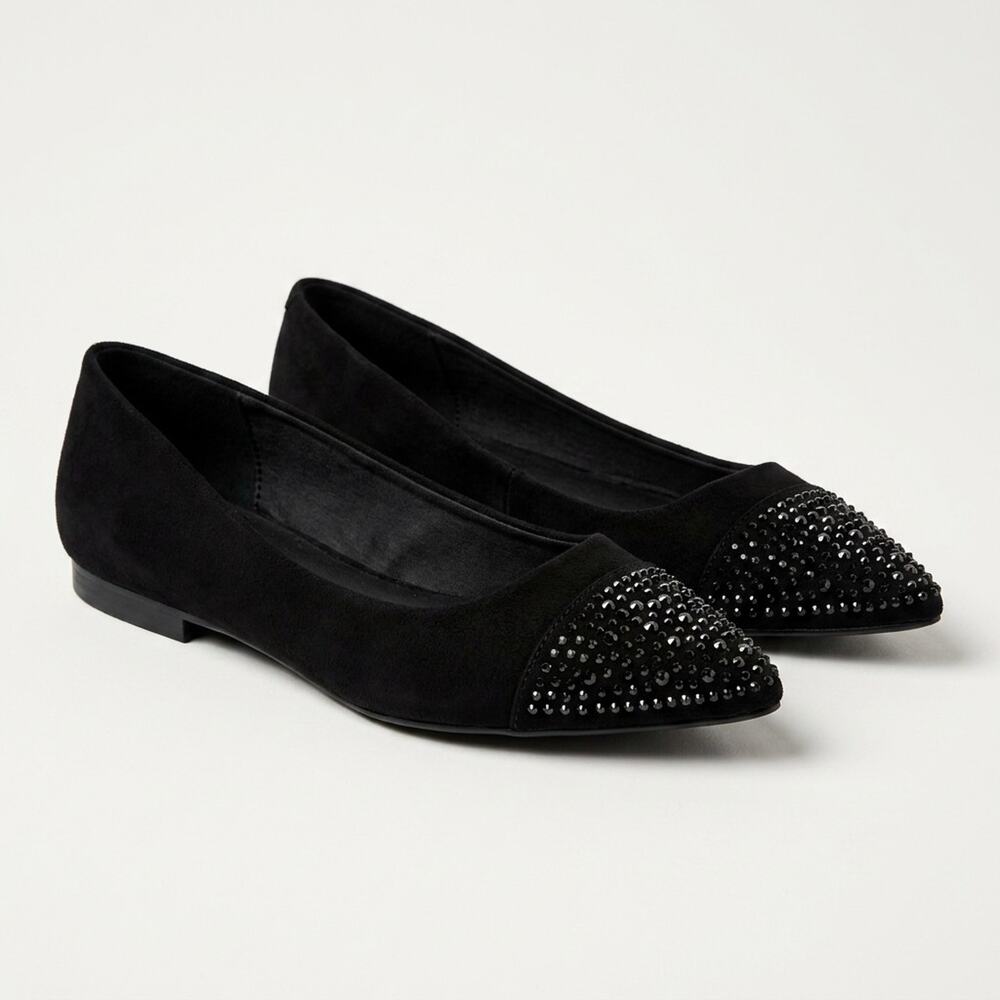 New Me Too Black Pointed Toe Ballet Flat Suede W Rhinestone- Size 10